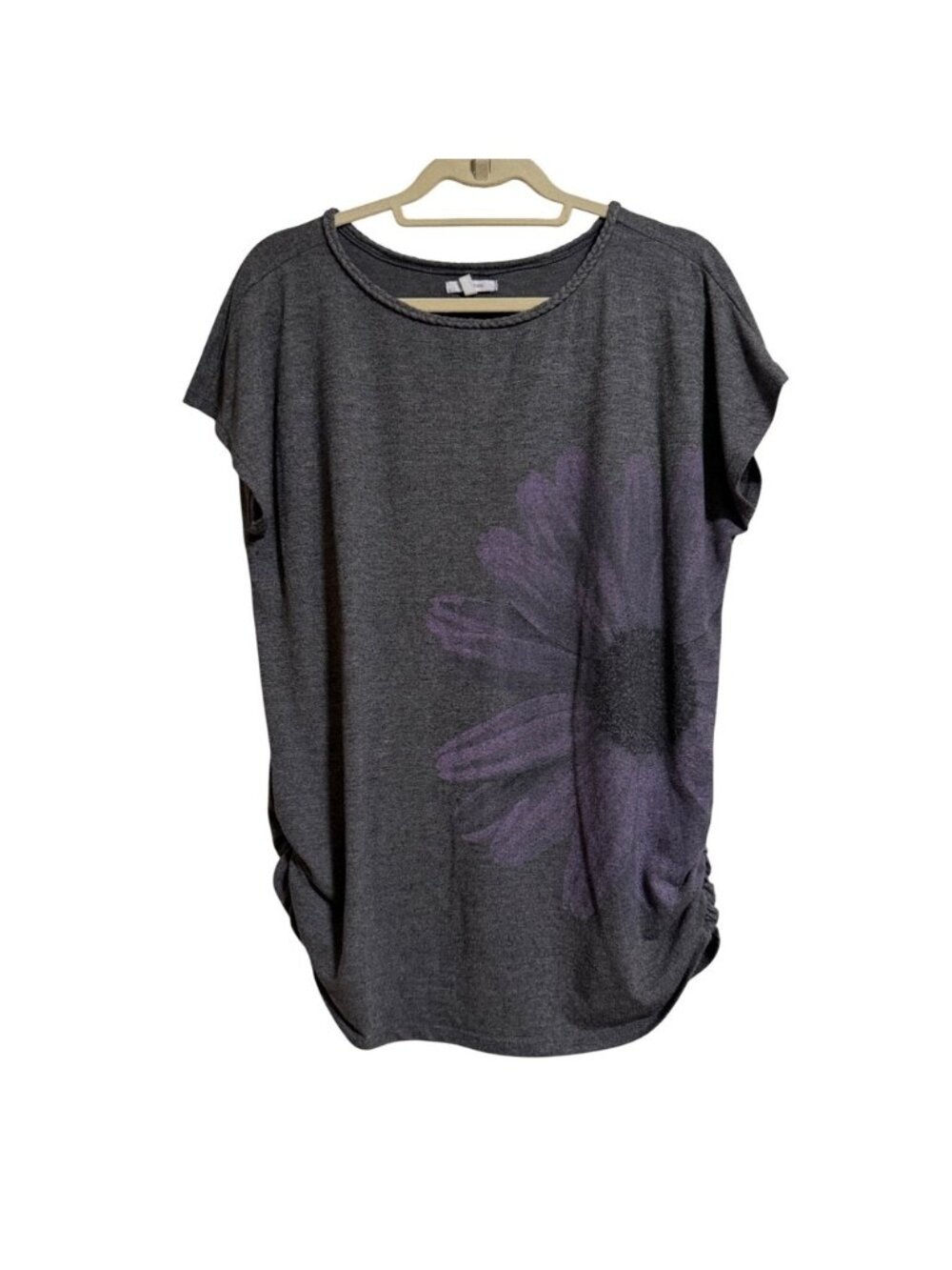 Gray Floral Graphic Ruched Side Braided Neck Tunic Top Large